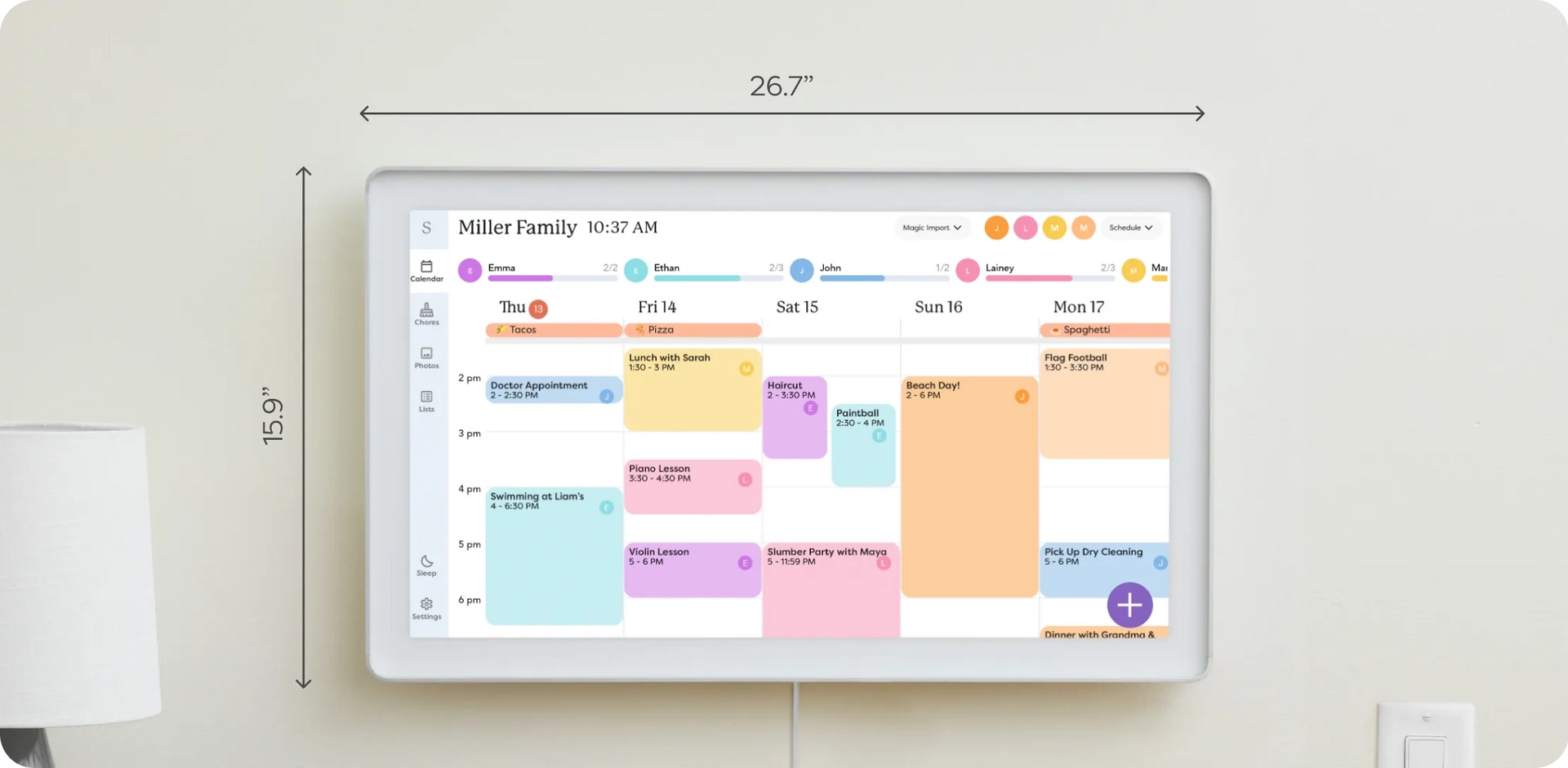 27-inch Skylight Calendar Max digital display showing a detailed family calendar in landscape orientation with tasks and appointments organized by day, highlighting the large screen size for easy viewing