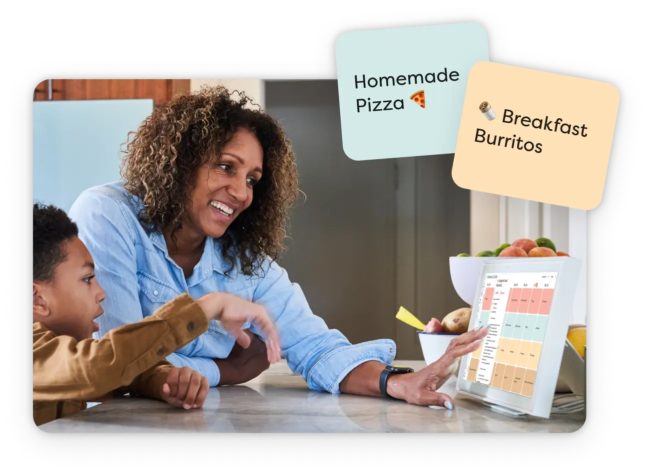 Family adding meals like Homemade Pizzza and Breakfast Burittos to the Skylight Calendar's Meal Plan view.