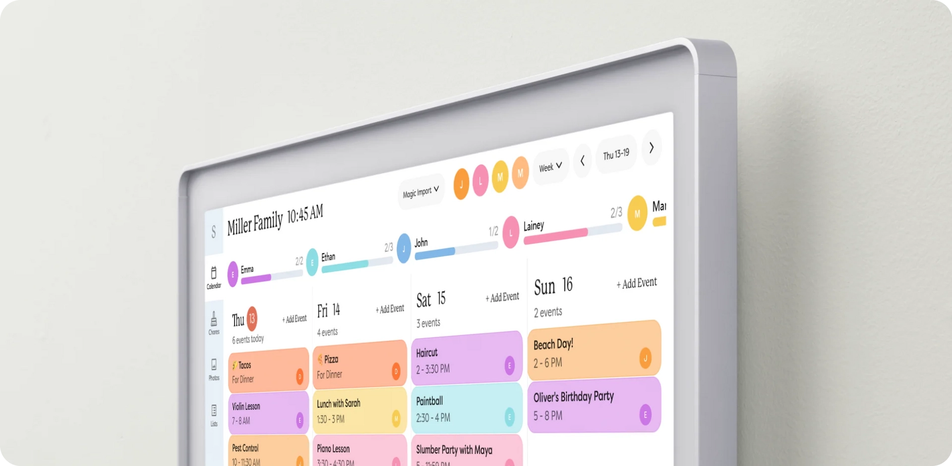 Side view of a wall-mounted Skylight Calendar Max digital display with a vibrant family schedule, showcasing a full HD, anti-glare screen for clear viewing of daily tasks and events